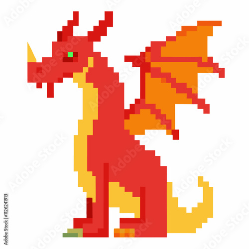 Pixel Art Red Dragon with Yellow Wings in 8 Bit Style