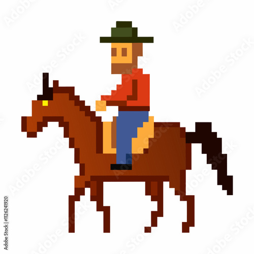 Pixel Art Cowboy Riding Horse   Retro Video Game Character in 8 bit Style with Green Hat