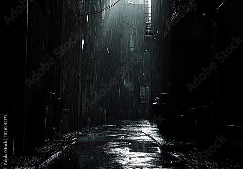 A dark alleyway in the city, with rain pouring down and light filtering through the buildings