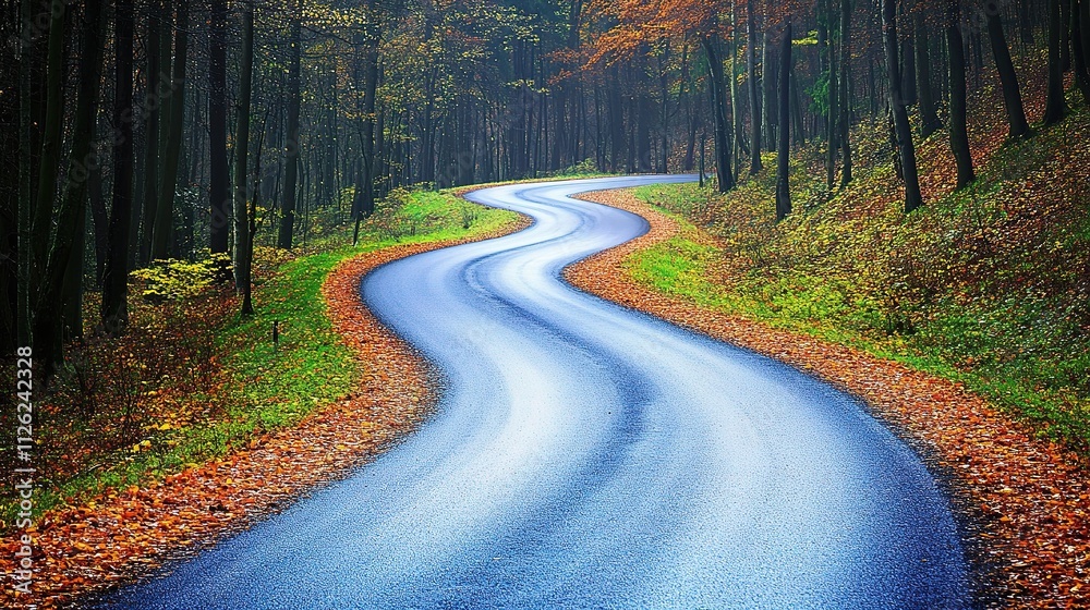 Fototapeta premium Scenic Winding Road Through Lush Green Forest in Autumn Colors