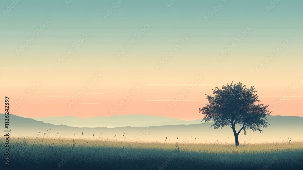 Serene Sunset Landscape With Solitary Tree In Grassland Serene Sunset Landscape With Solitary Tree In Grassland
