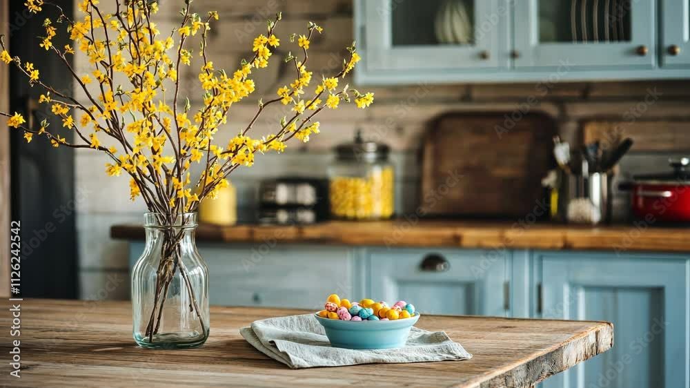 Rustic wooden kitchen island set with a glass vase of digital