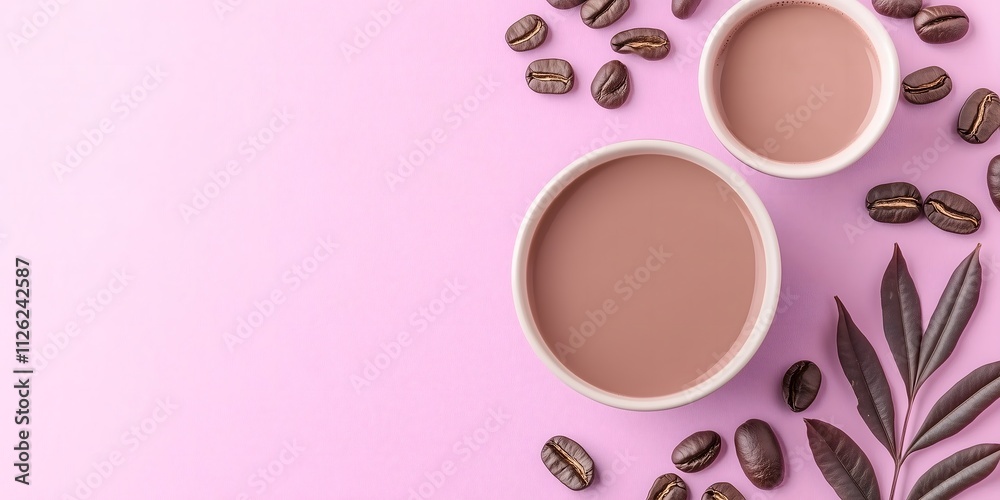 Two cups filled with warm beverage sit on a pastel pink surface surrounded by coffee beans and decorative leaves, creating a cozy and inviting atmosphere perfect for relaxation. Two cups filled with warm beverage sit on a pastel pink surface surrounded by coffee beans and decorative leaves, creating a cozy and inviting atmosphere perfect for relaxation.