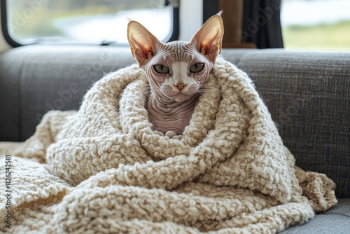 Traveling with cat in RV concept. Cozy cat wrapped in a soft blanket on a gray sofa