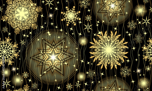 Vector Christmas hand drawn seamless pattern with doodle golden gradient snowflakes and glitter star of bethlehem on black