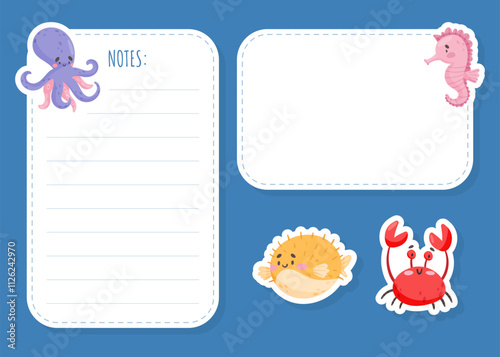 Note Card with Sea Animal and Marine Underwater Swimming Creature Vector Template