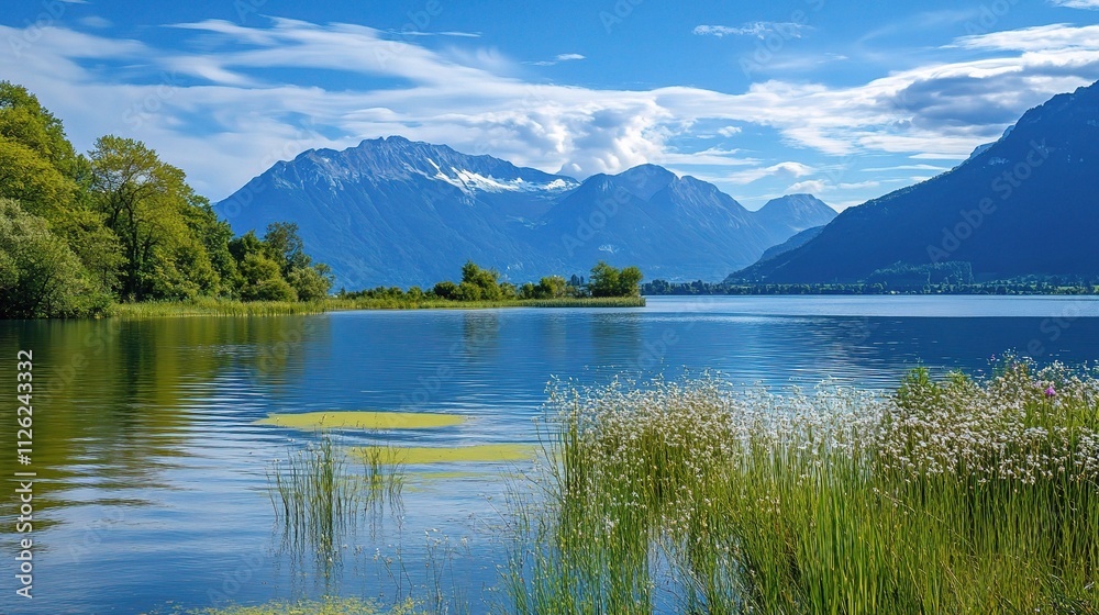 Serene Mountain Landscape with Tranquil Lake and Lush Vegetation Serene Mountain Landscape with Tranquil Lake and Lush Vegetation
