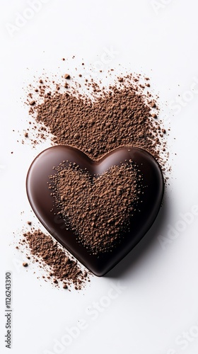 A heart made of chocolate is covered in a pile of brown powder