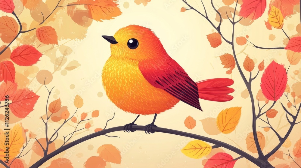 Fototapeta premium Vibrant Flat Design Bird Illustration with Autumn Leaves Background