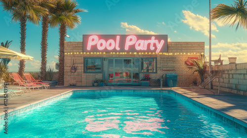 Vibrant pool party neon sign illuminates outdoor aqua blue swimming pool