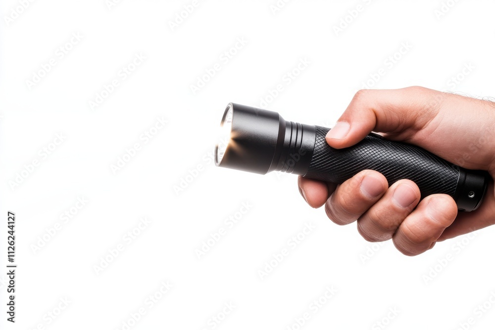 A hand holding a black metallic flashlight with a textured grip A hand holding a black metallic flashlight with a textured grip