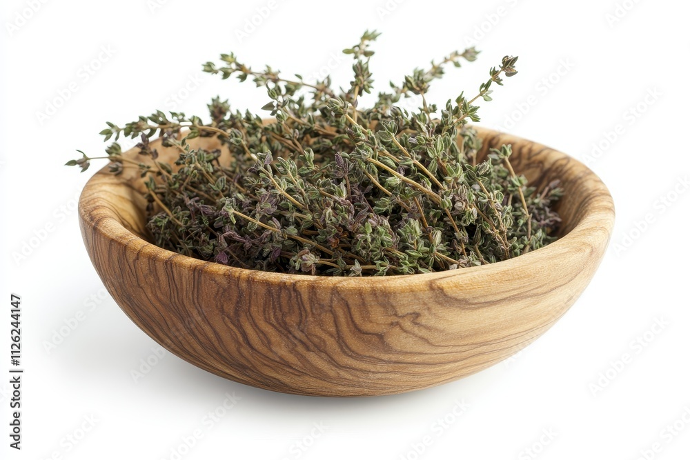 Dried thyme herb in a wooden bowl displayed on a white background for culinary use