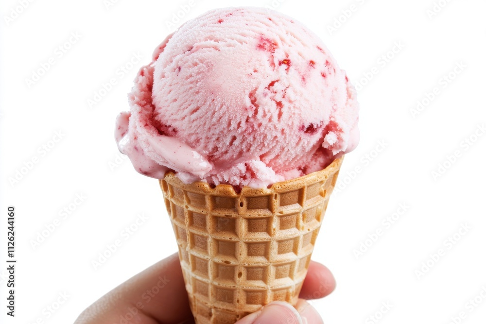 A hand holding a waffle cone topped with a scoop of pink strawberry ice cream A hand holding a waffle cone topped with a scoop of pink strawberry ice cream