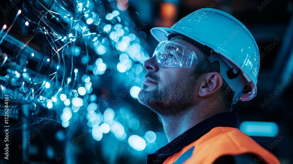 Focused Worker in White Hard Hat and Safety Goggles at Factory Machine with Wires and Cables, Concentration Concept. Focused Worker in White Hard Hat and Safety Goggles at Factory Machine with Wires and Cables, Concentration Concept.