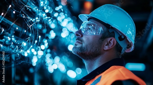Focused Worker in White Hard Hat and Safety Goggles at Factory Machine with Wires and Cables, Concentration Concept.