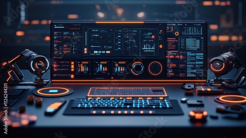 A futuristic control panel featuring a vibrant interface with digital displays, illuminated buttons, and a sleek keyboard, set in a dark, high-tech environment.