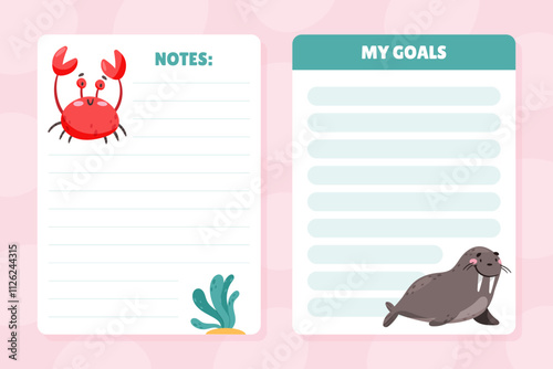 Note Card with Sea Animal and Marine Underwater Swimming Creature Vector Template