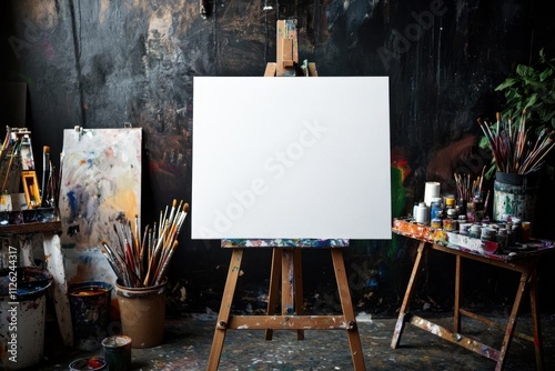 Blank canvas mockup on easel in artist's studio creative space art display professional environment inspirational viewpoint artistic concept for design and presentation photo