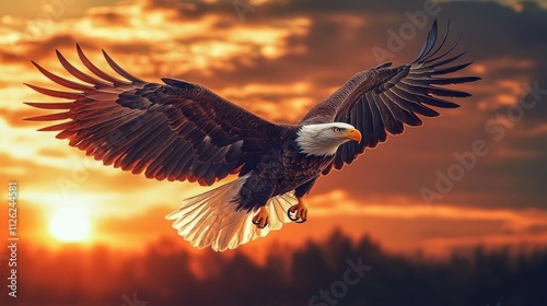 Bald Eagle in Flight: Majestic Bird Soaring Against Stunning Sunset Sky with Dramatic Clouds, Powerful Symbolic Imagery photo