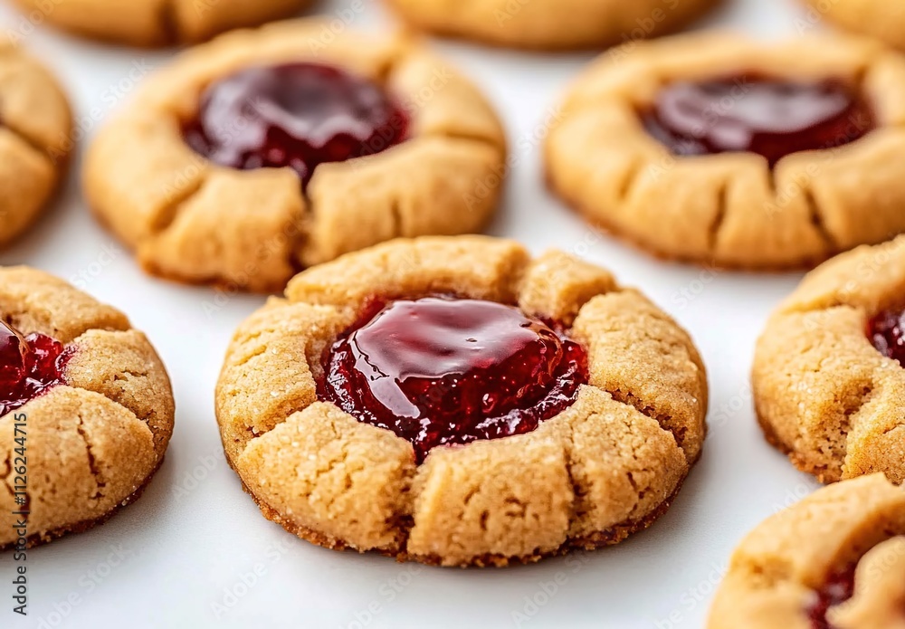 Close-up of multiple jam cookies with the interior visible, laid out on a white surface. Close-up of multiple jam cookies with the interior visible, laid out on a white surface.