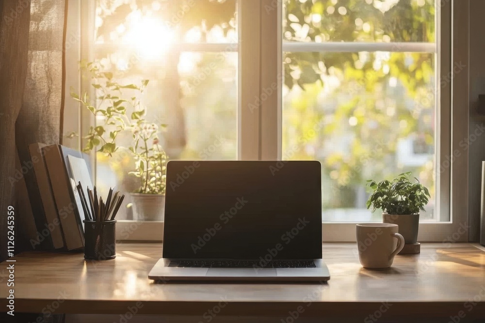 Modern workspace mockup featuring a laptop on a wooden desk with natural light streaming in from a window inspiring productivity and creativity in a cozy environment