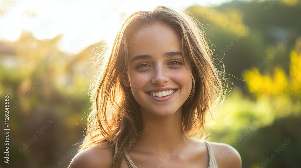 Portrait of a young woman with brilliant blonde hair and a sincere smile, bathed in the warm light of the golden hour Portrait of a young woman with brilliant blonde hair and a sincere smile, bathed in the warm light of the golden hour