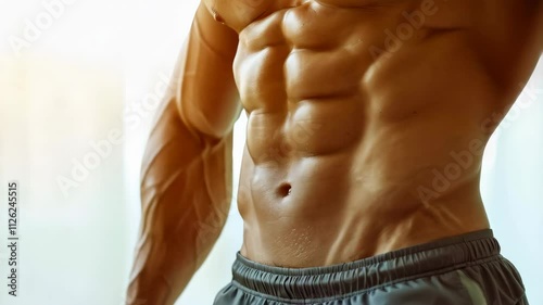 close up of abdominal muscles on the sporty male stomach over white background
