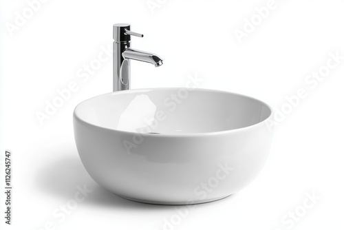 A minimalist round white ceramic sink with a chrome faucet isolated on a white background