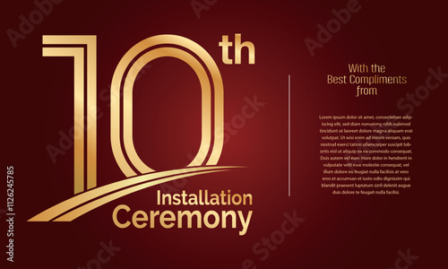 10th Installation ceremony logo with double line number concept and golden color banner for anniversary celebration event design Vector Template