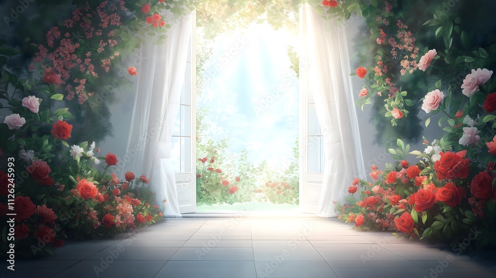 An open door framed by flowing white curtains reveals blooming flowers in pots. Sunlight streams through, illuminating the vibrant colors and creating a warm, inviting atmosphere. An open door framed by flowing white curtains reveals blooming flowers in pots. Sunlight streams through, illuminating the vibrant colors and creating a warm, inviting atmosphere.