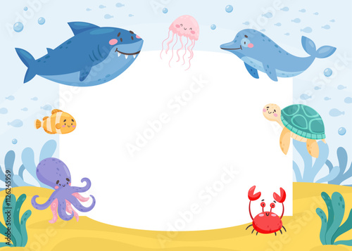 Note Card with Sea Animal and Marine Underwater Swimming Creature Vector Template