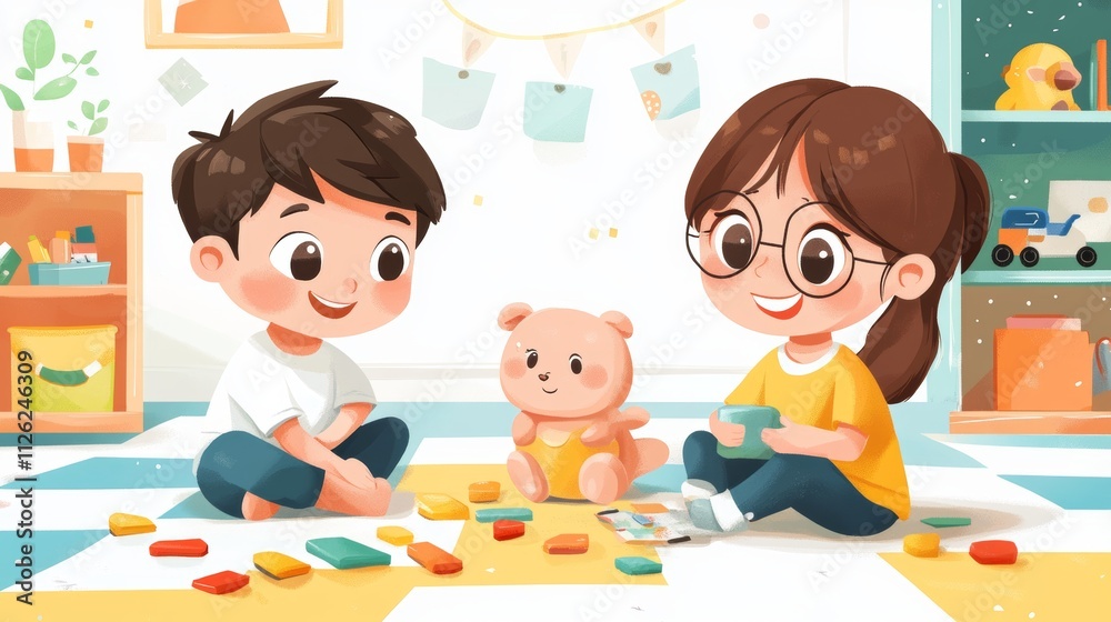 Two Children Playing Together with Colorful Toys in a Bright Room Two Children Playing Together with Colorful Toys in a Bright Room