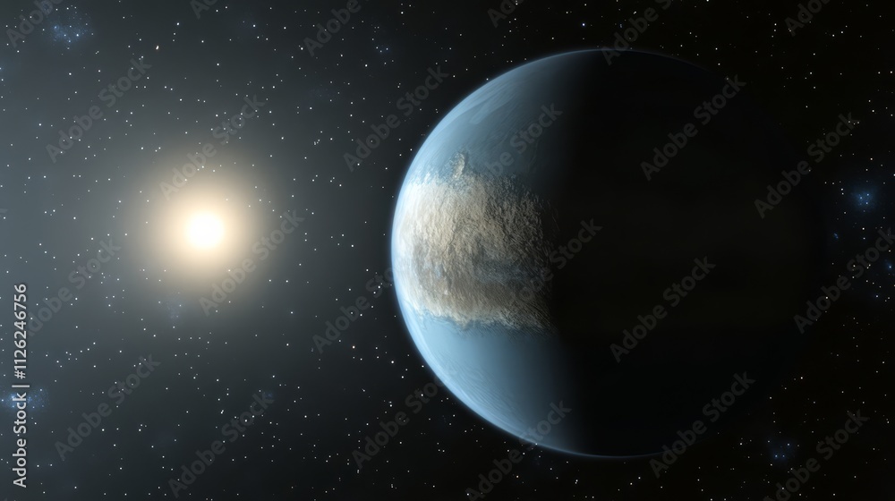 Obraz premium Exoplanet Kepler-186f: A stunning view of a hypothetical exoplanet, Kepler-186f, orbiting a distant star, showcasing a possible terrestrial world with a potential for life.