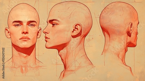 A man's head is drawn in three different positions photo