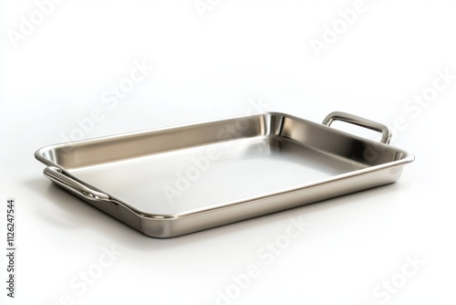 A rectangular stainless steel tray with smooth edges and integrated side handles photo