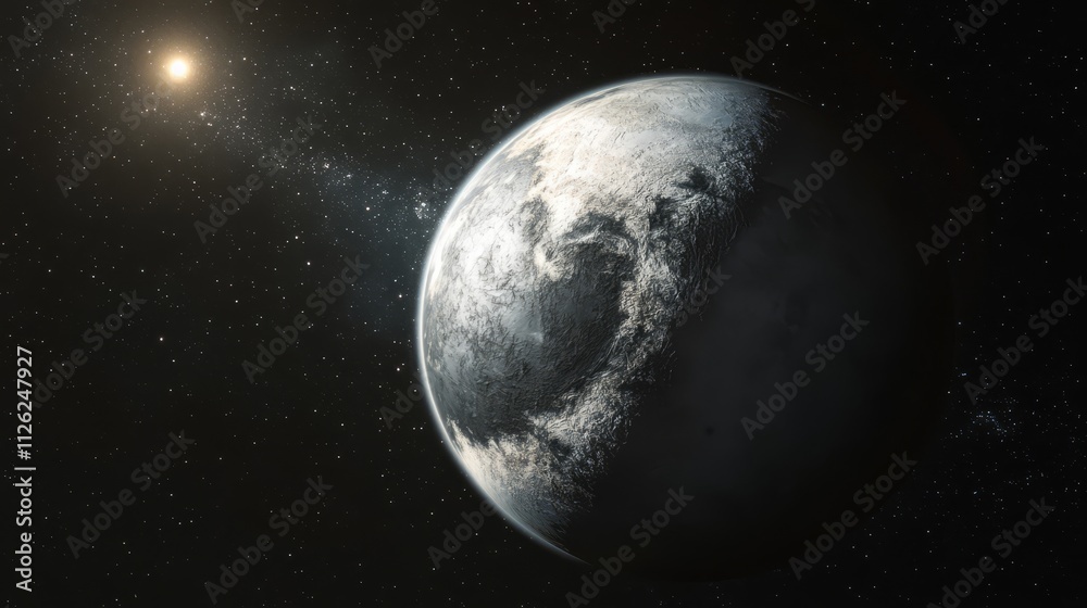 Fototapeta premium Celestial Sphere: A majestic depiction of a solitary planet amidst the vastness of space, illuminated by a radiant sun. Capturing a sense of wonder and the unexplored cosmic expanse. 
