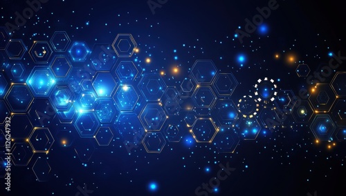 Wallpaper Mural Abstract digital background with hexagonal shapes and icons of computer code, social media logos in the center of the screen Torontodigital.ca