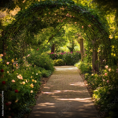 peaceful garden path surrounded by lush greenery and blooming flowers