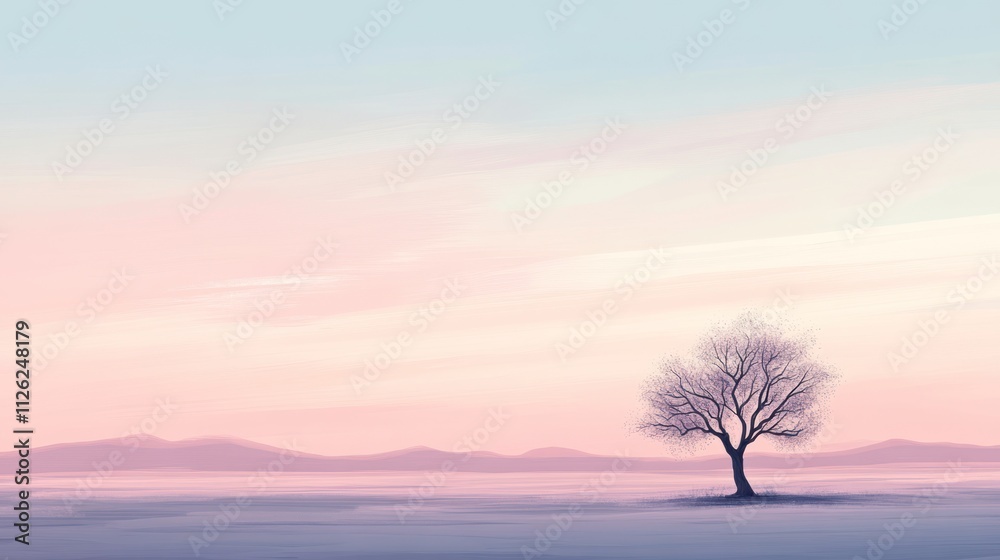 Serene Sunset Landscape With Solitary Winter Tree Serene Sunset Landscape With Solitary Winter Tree