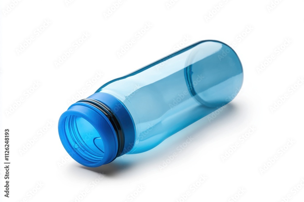 A reusable plastic water bottle with a blue cap A reusable plastic water bottle with a blue cap