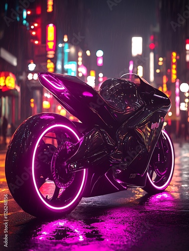 Futuristic Neon Motorcycle in a Rain-Soaked City at Night. photo