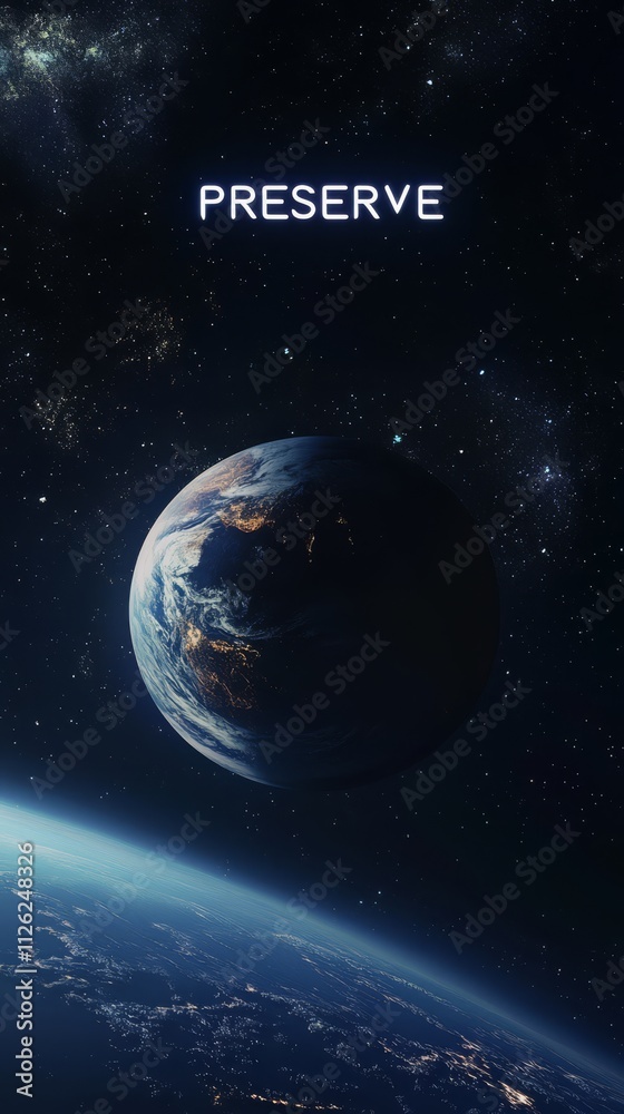 Fototapeta premium Preserve Our Planet: A poignant and powerful image of Earth from space, with the word 