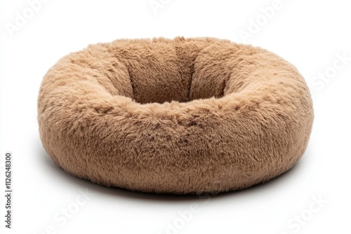 A round fluffy dog bed in a soft warm brown color with a plush texture