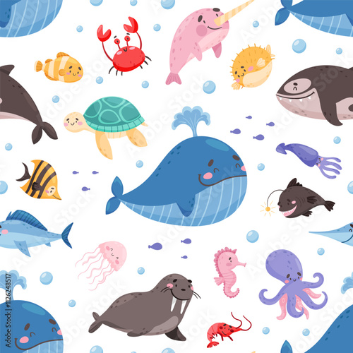 Sea Animal and Marine Underwater Swimming Creature Seamless Pattern Vector Template