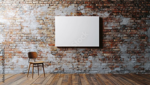 Rustic brick wall with a blank canvas, wooden floor, and a single chair in the studio.