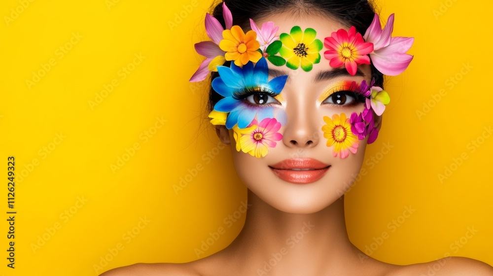 A woman with a flowery face paint on her face A woman with a flowery face paint on her face