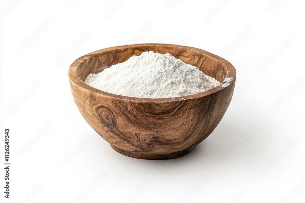 A rustic wooden bowl filled with fine white flour showcasing a natural A rustic wooden bowl filled with fine white flour showcasing a natural