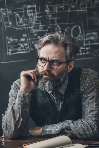 A contemplative 48-year-old male theoretical mathematician solving a complex mathematical problem that could transform multiple scientific disciplines