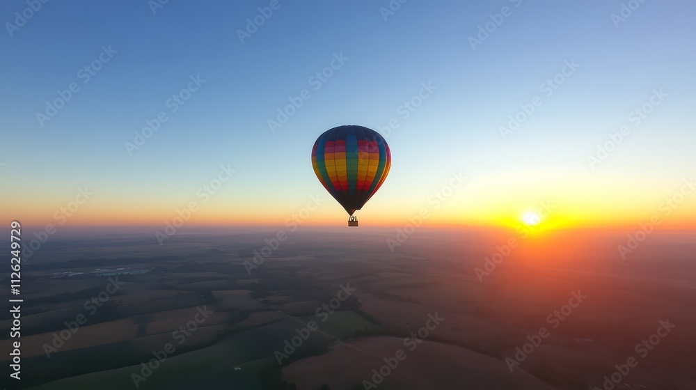 Obraz premium Hot Air Balloon Sunrise: A vibrant hot air balloon ascends gracefully against a breathtaking sunrise, casting a warm, golden hue across the tranquil landscape below. 