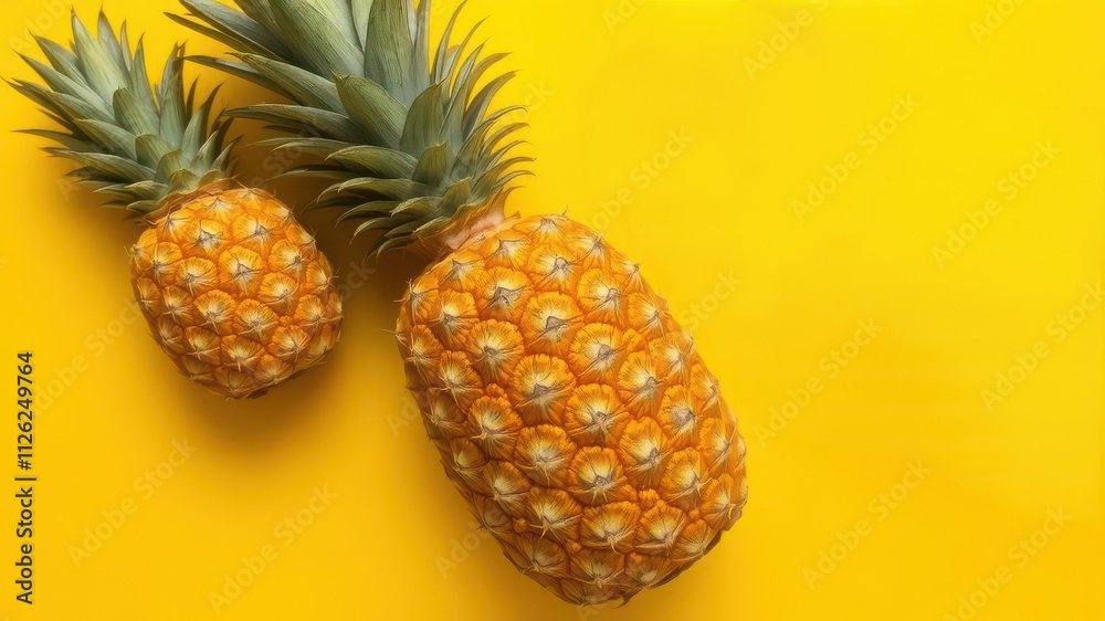 A vibrant yellow pineapple placed on a uniform yellow backdrop, vibrant A vibrant yellow pineapple placed on a uniform yellow backdrop, vibrant